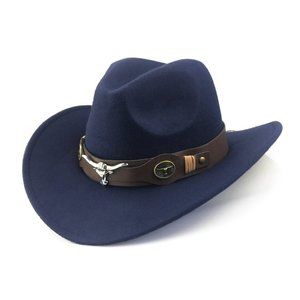 Navy Blue Western Cowboy,‎ Cowgirl Hat, Bull Horns Strap, Men Women Wide Brim